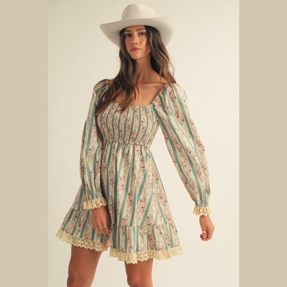 LOVLOV Vintage Floral Maxi Dress Western Cottagecore Lace Trim Smocked Bodice - Picture 9 of 16